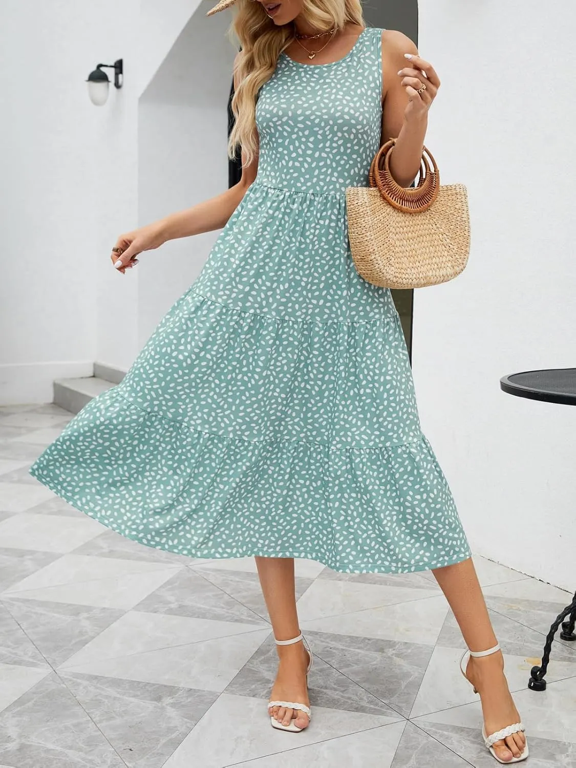 Sureple Spring Round Neck T Shirt Dress for Women Short Sleeve Midi Length,Swing Tiered Bobydoll Dresses with Pockets