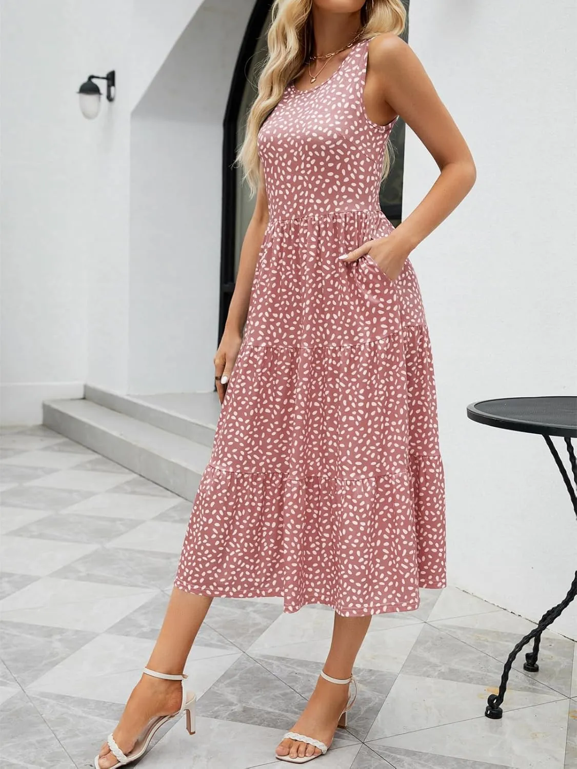 Sureple Spring Round Neck T Shirt Dress for Women Short Sleeve Midi Length,Swing Tiered Bobydoll Dresses with Pockets