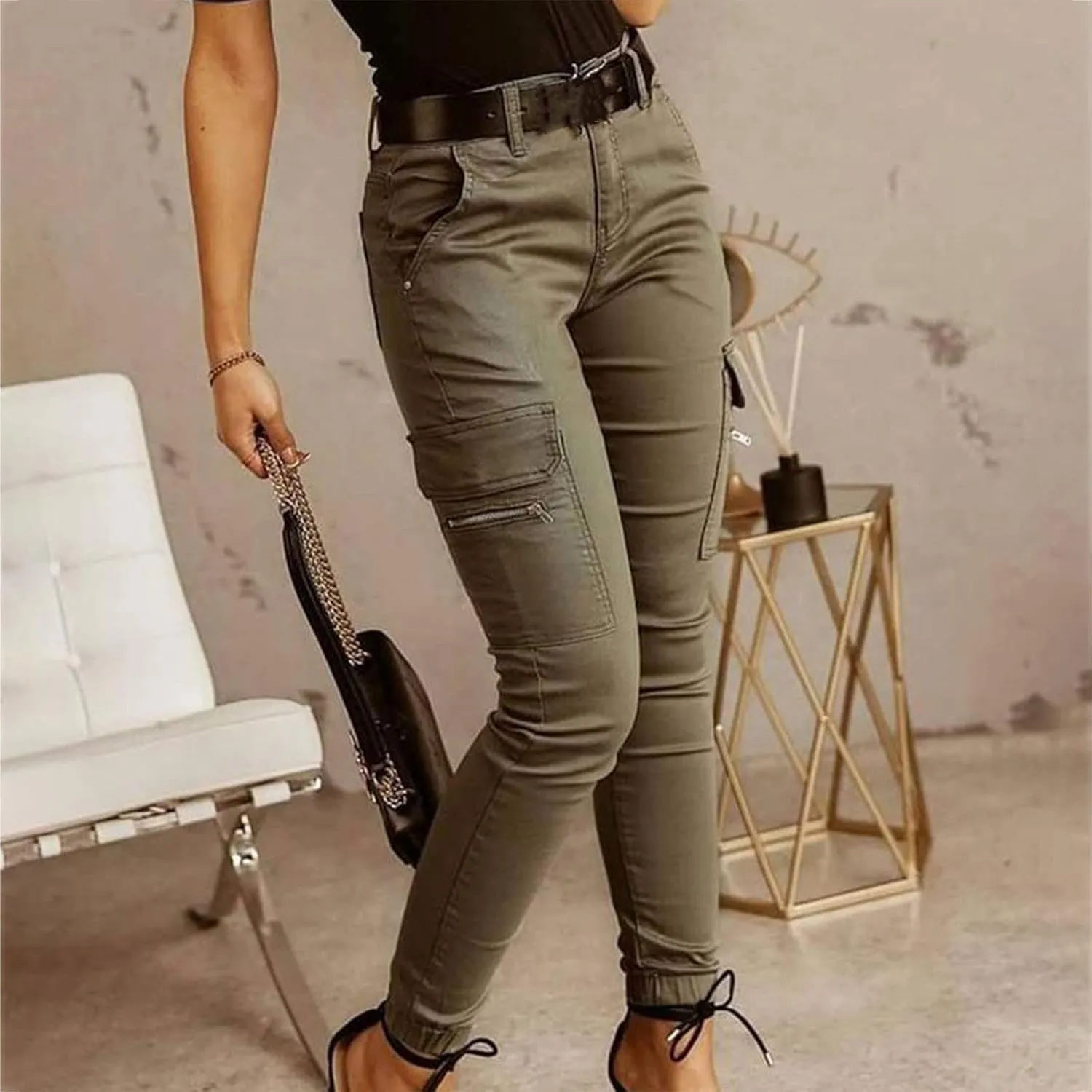 Tactical Pants for Women Skinny Stretch Cargo Pants High Waisted Straight Leg Pants Bound Feet Ripstop Cargo Trousers