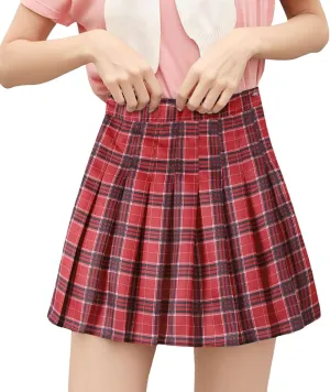 Teen Girls Pleated Mini Skirt Preppy Plaid Skirts Elastic High Waisted Uniform Skirt Plus Size Tartan Skirts for School Girl