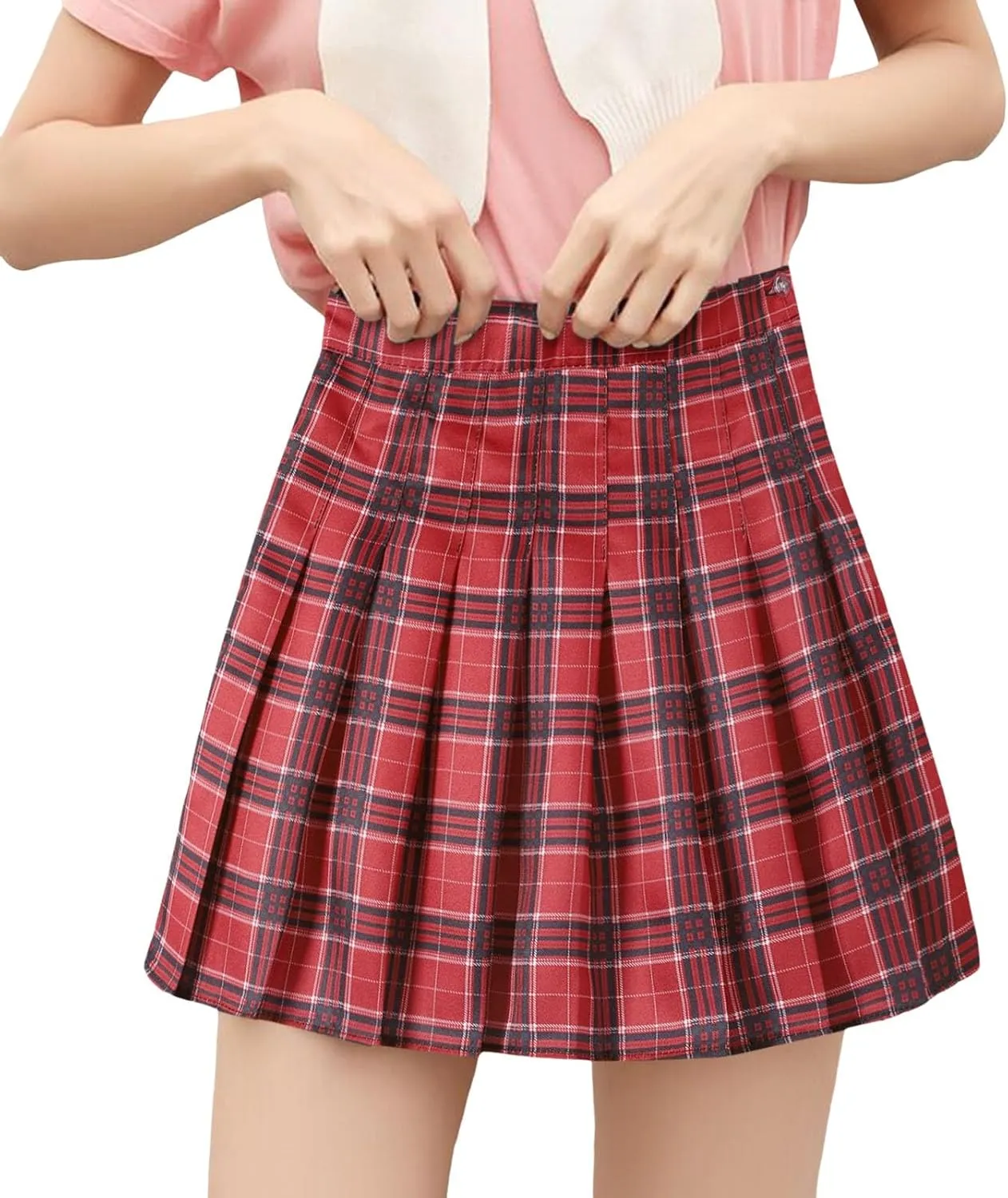 Teen Girls Pleated Mini Skirt Preppy Plaid Skirts Elastic High Waisted Uniform Skirt Plus Size Tartan Skirts for School Girl