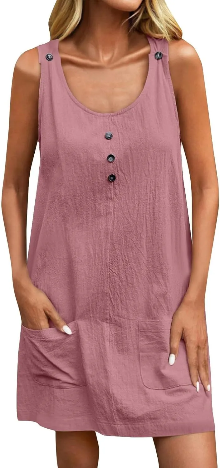 U Neck Dress for Women Open Back Mini Babydoll Sundress Vacation Casual Sleeveless Short Dresses with Pockets