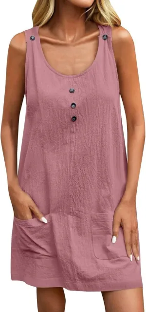 U Neck Dress for Women Open Back Mini Babydoll Sundress Vacation Casual Sleeveless Short Dresses with Pockets