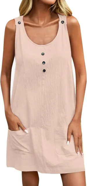 U Neck Dress for Women Open Back Mini Babydoll Sundress Vacation Casual Sleeveless Short Dresses with Pockets