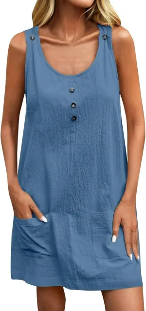 U Neck Dress for Women Open Back Mini Babydoll Sundress Vacation Casual Sleeveless Short Dresses with Pockets