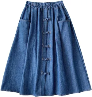 Vintage Denim Midi Skirt Women A Line High Waist Knee Length Jeans Skirt with Pocket