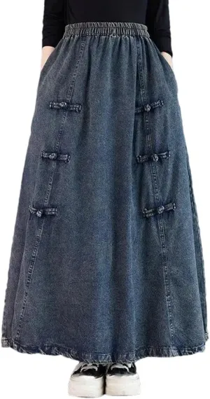Vintage Denim Midi Skirts Womens High Waist Patchwork A-Line Solid Plate Buckle Chinese Umbrella Skirt