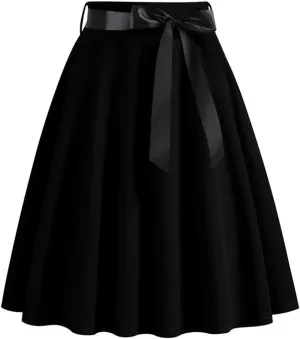 Vintage High Waist A Line Skirt for Women Retro Swing Midi Skirts with Satin Bow Elegant Tea Skirt