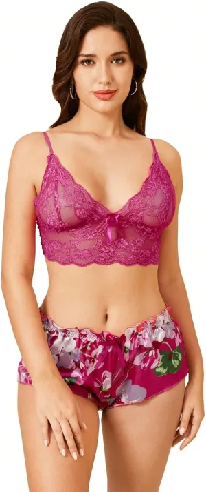 WDIRARA Women's 2 Piece Lingerie Floral Lace Cami Top with Satin Shorts Sleepwear Pajama Set Floral Hot Pink XL