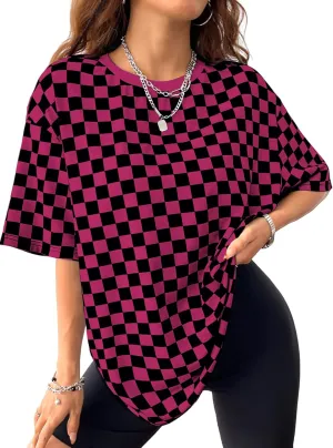 WDIRARA Women's Plus Size Plaid Checkered T Shirt Crewneck Half Sleeve Tee Oversized Top