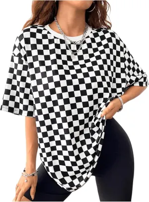 WDIRARA Women's Plus Size Plaid Checkered T Shirt Crewneck Half Sleeve Tee Oversized Top