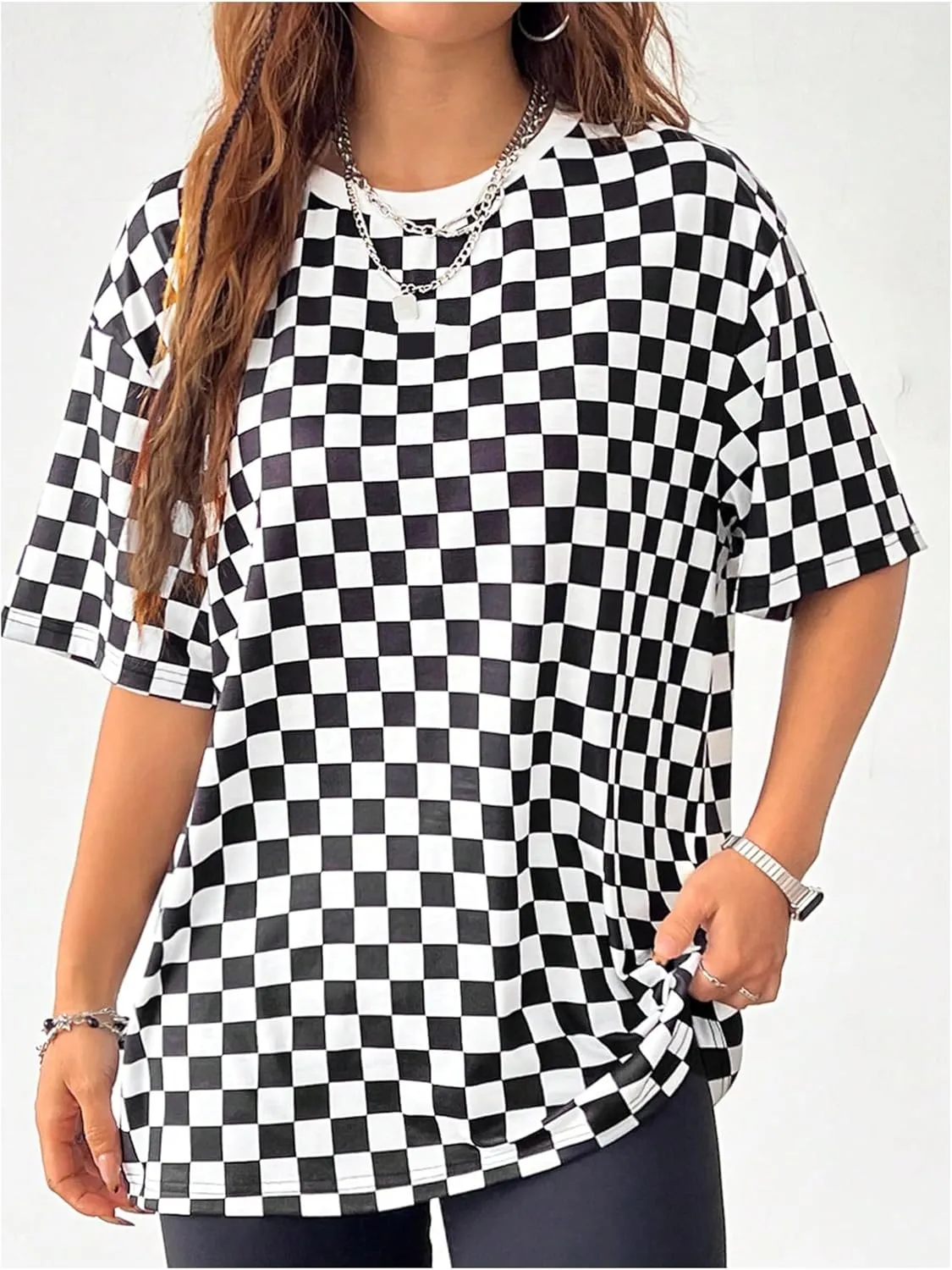 WDIRARA Women's Plus Size Plaid Checkered T Shirt Crewneck Half Sleeve Tee Oversized Top