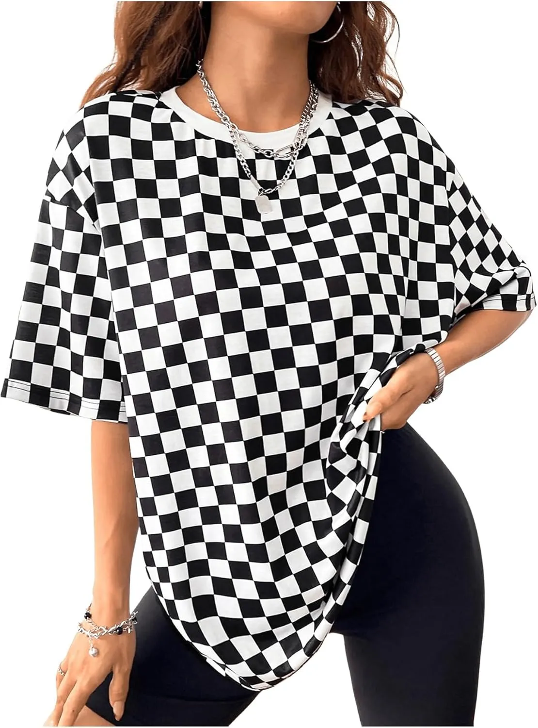 WDIRARA Women's Plus Size Plaid Checkered T Shirt Crewneck Half Sleeve Tee Oversized Top