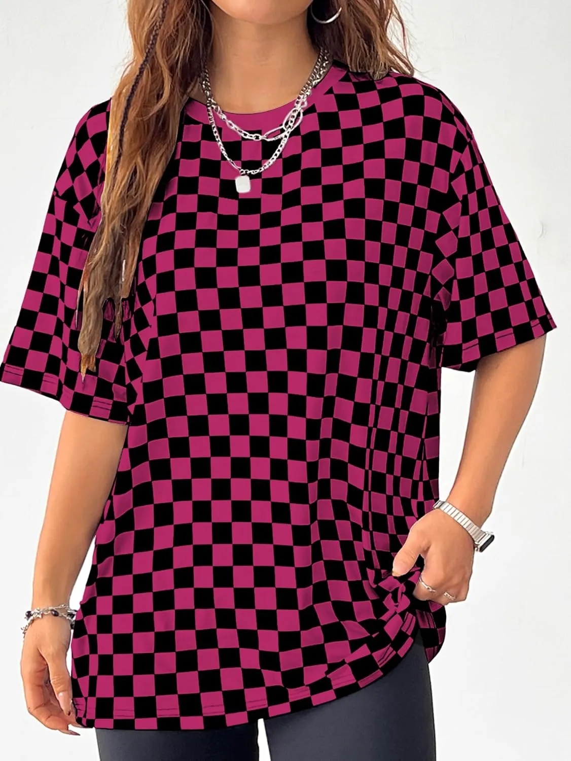 WDIRARA Women's Plus Size Plaid Checkered T Shirt Crewneck Half Sleeve Tee Oversized Top