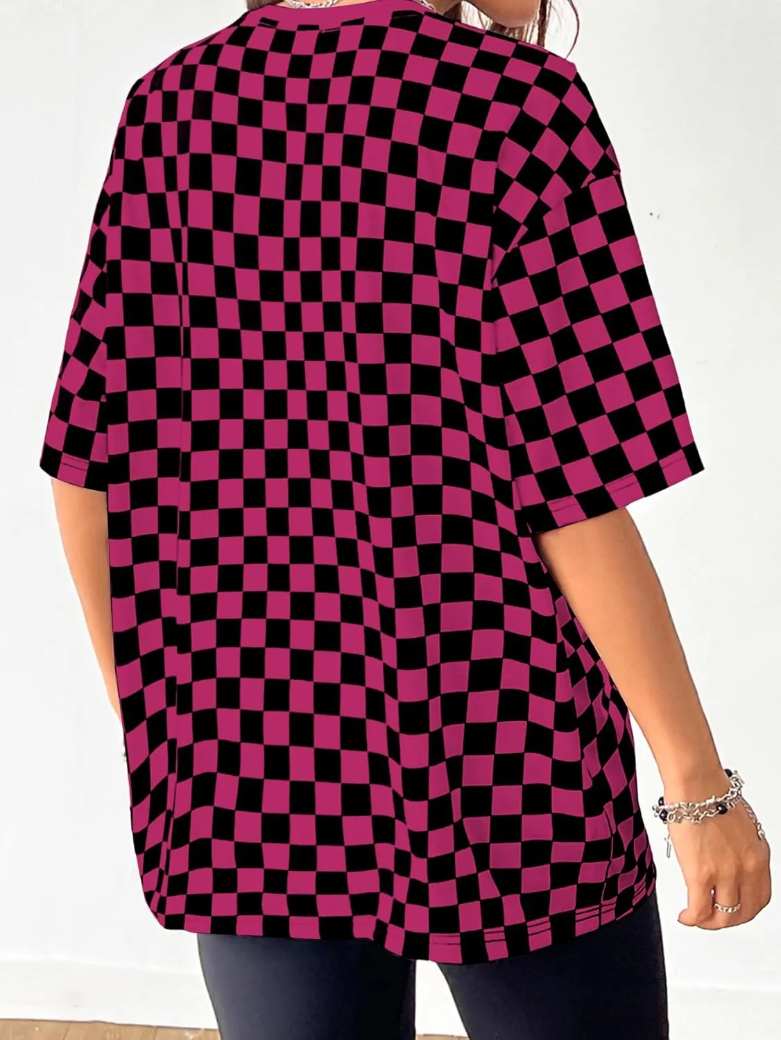 WDIRARA Women's Plus Size Plaid Checkered T Shirt Crewneck Half Sleeve Tee Oversized Top