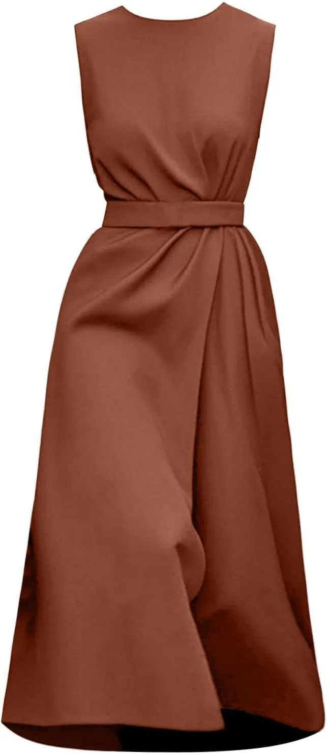 Wedding Guest Dress Sleeveless Crewneck Maxi Dress Elegant Tie Waist Dresses Summer Loose Fit Casual Dresses 2025