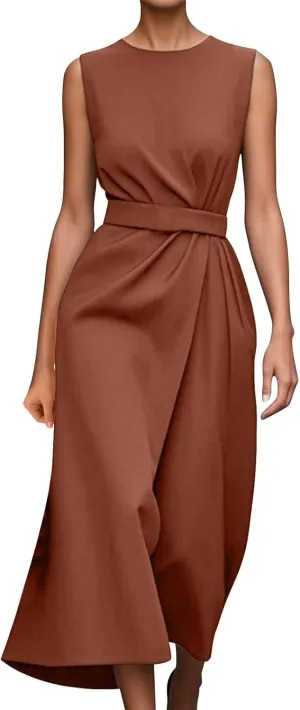 Wedding Guest Dress Sleeveless Crewneck Maxi Dress Elegant Tie Waist Dresses Summer Loose Fit Casual Dresses 2025