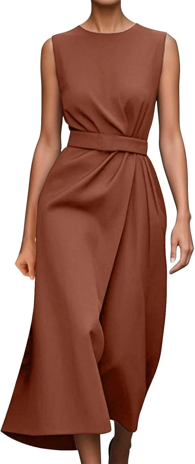 Wedding Guest Dress Sleeveless Crewneck Maxi Dress Elegant Tie Waist Dresses Summer Loose Fit Casual Dresses 2025