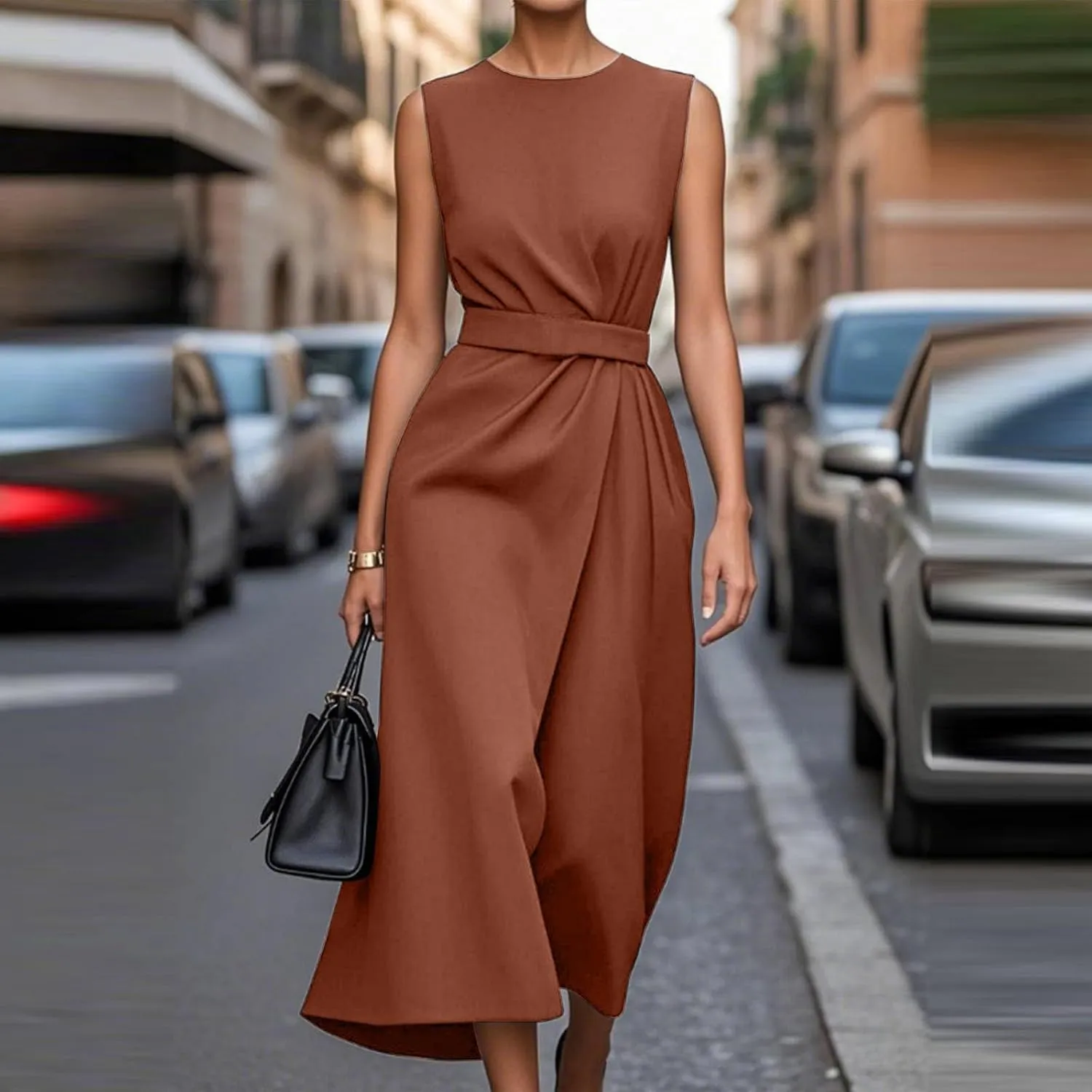 Wedding Guest Dress Sleeveless Crewneck Maxi Dress Elegant Tie Waist Dresses Summer Loose Fit Casual Dresses 2025