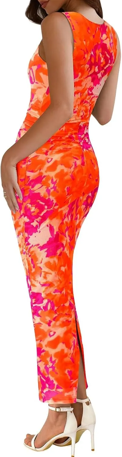 Wedding Guest Dresses for Women 2025 Summer Sexy Floral Bodycon Sleeveless Maxi Long Dress Party Cocktail Dress
