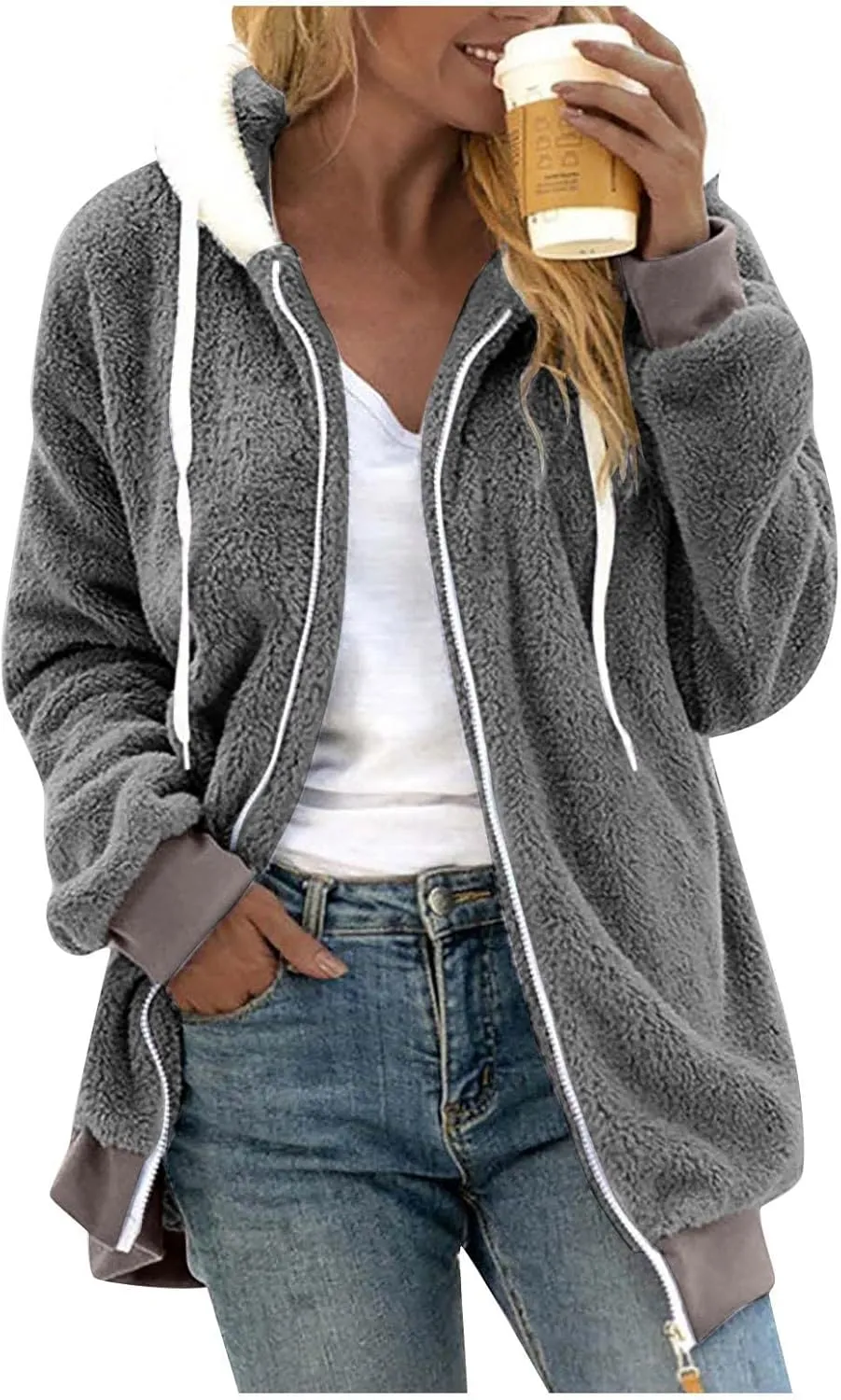 Winter Coats For Women Fuzzy Fleece Jacket Hooded Color Block Patchwork Cardigan Coat Outerwear With Pocket S-5XL
