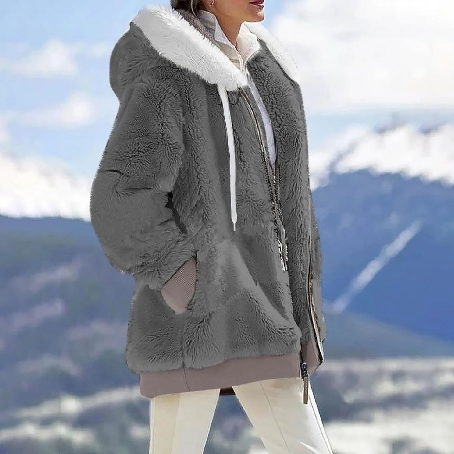 Winter Coats For Women Fuzzy Fleece Jacket Hooded Color Block Patchwork Cardigan Coat Outerwear With Pocket S-5XL