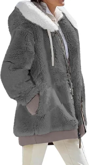 Winter Coats For Women Fuzzy Fleece Jacket Hooded Color Block Patchwork Cardigan Coat Outerwear With Pocket S-5XL