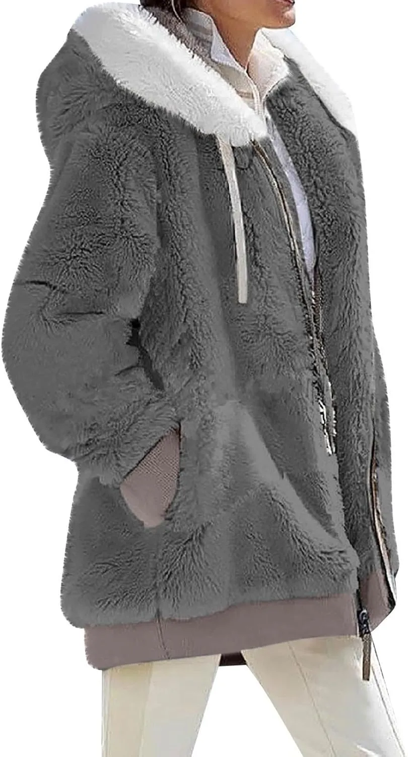 Winter Coats For Women Fuzzy Fleece Jacket Hooded Color Block Patchwork Cardigan Coat Outerwear With Pocket S-5XL