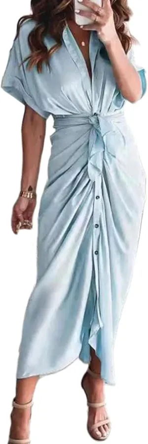 Women Button Down Ruched Shirt Dresses Lapel V Neck Short Sleeve Maxi Shirt Dress Elegant Cocktail Party Dresses