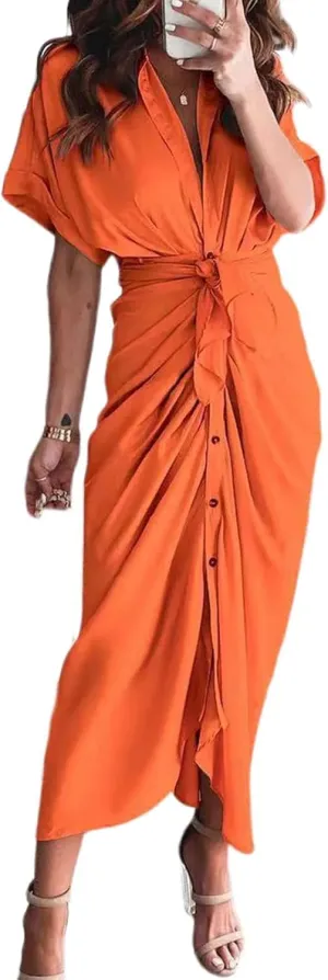 Women Button Down Ruched Shirt Dresses Lapel V Neck Short Sleeve Maxi Shirt Dress Elegant Cocktail Party Dresses