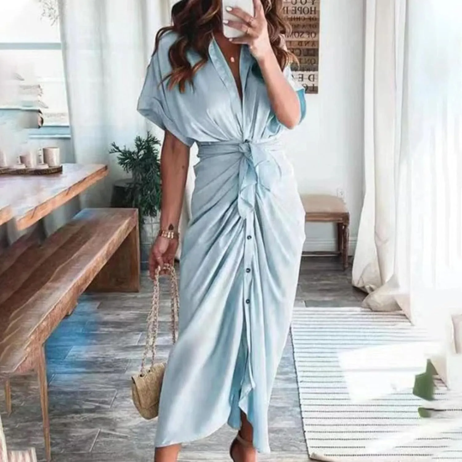 Women Button Down Ruched Shirt Dresses Lapel V Neck Short Sleeve Maxi Shirt Dress Elegant Cocktail Party Dresses