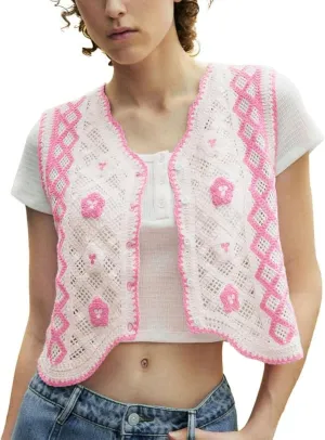 Women Button Front Knit Vest Tops V Neck Sleeveless Checkered Knit Sweater
