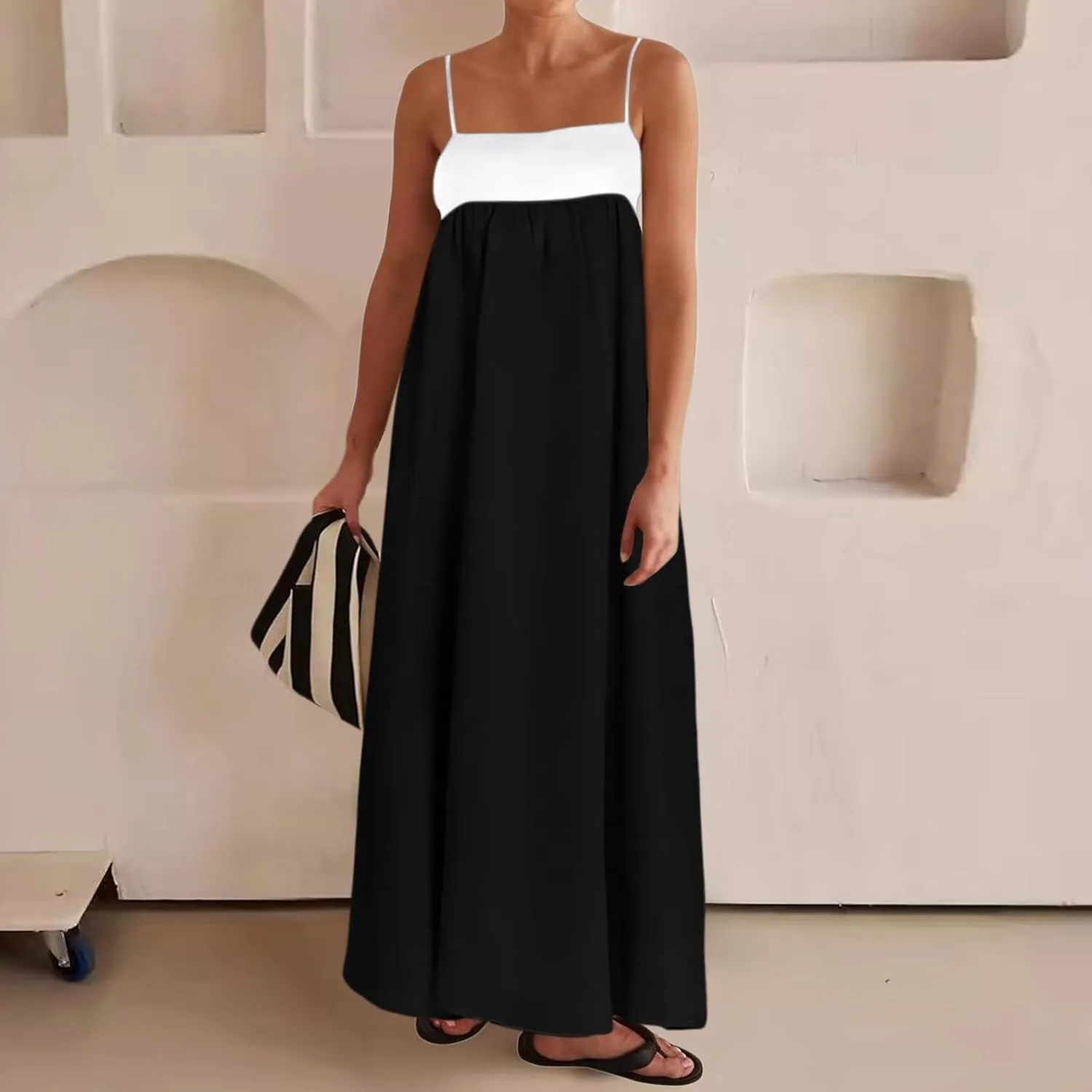 Women Casual Summer Dresses Color Block Spaghetti Straps Sleeveless Dress for Women Flowy Beach Boho Long Skirt