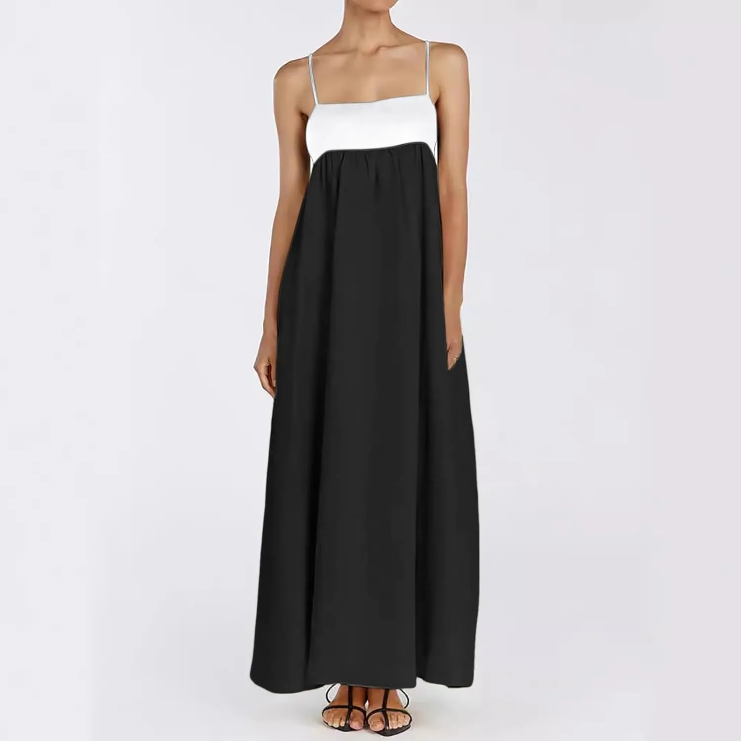 Women Casual Summer Dresses Color Block Spaghetti Straps Sleeveless Dress for Women Flowy Beach Boho Long Skirt
