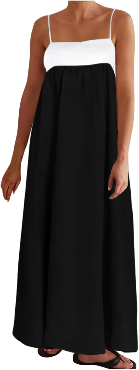 Women Casual Summer Dresses Color Block Spaghetti Straps Sleeveless Dress for Women Flowy Beach Boho Long Skirt