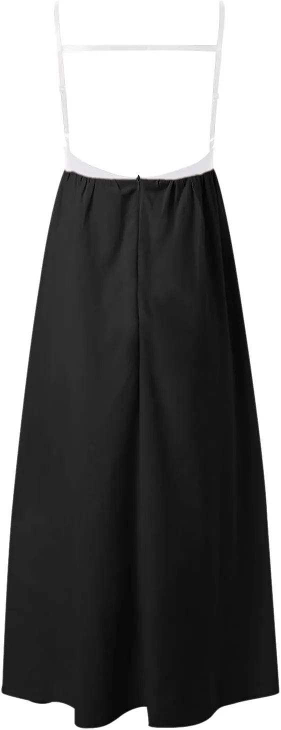 Women Casual Summer Dresses Color Block Spaghetti Straps Sleeveless Dress for Women Flowy Beach Boho Long Skirt