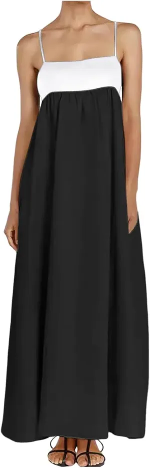 Women Casual Summer Dresses Color Block Spaghetti Straps Sleeveless Dress for Women Flowy Beach Boho Long Skirt