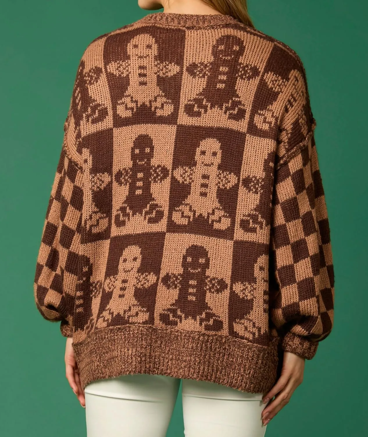 Women Checkered Holiday Oversized Sweater Cute Plaid Print Crewneck Sweatshirt Y2k Knit Puff Sleeve Chunky Jumpers