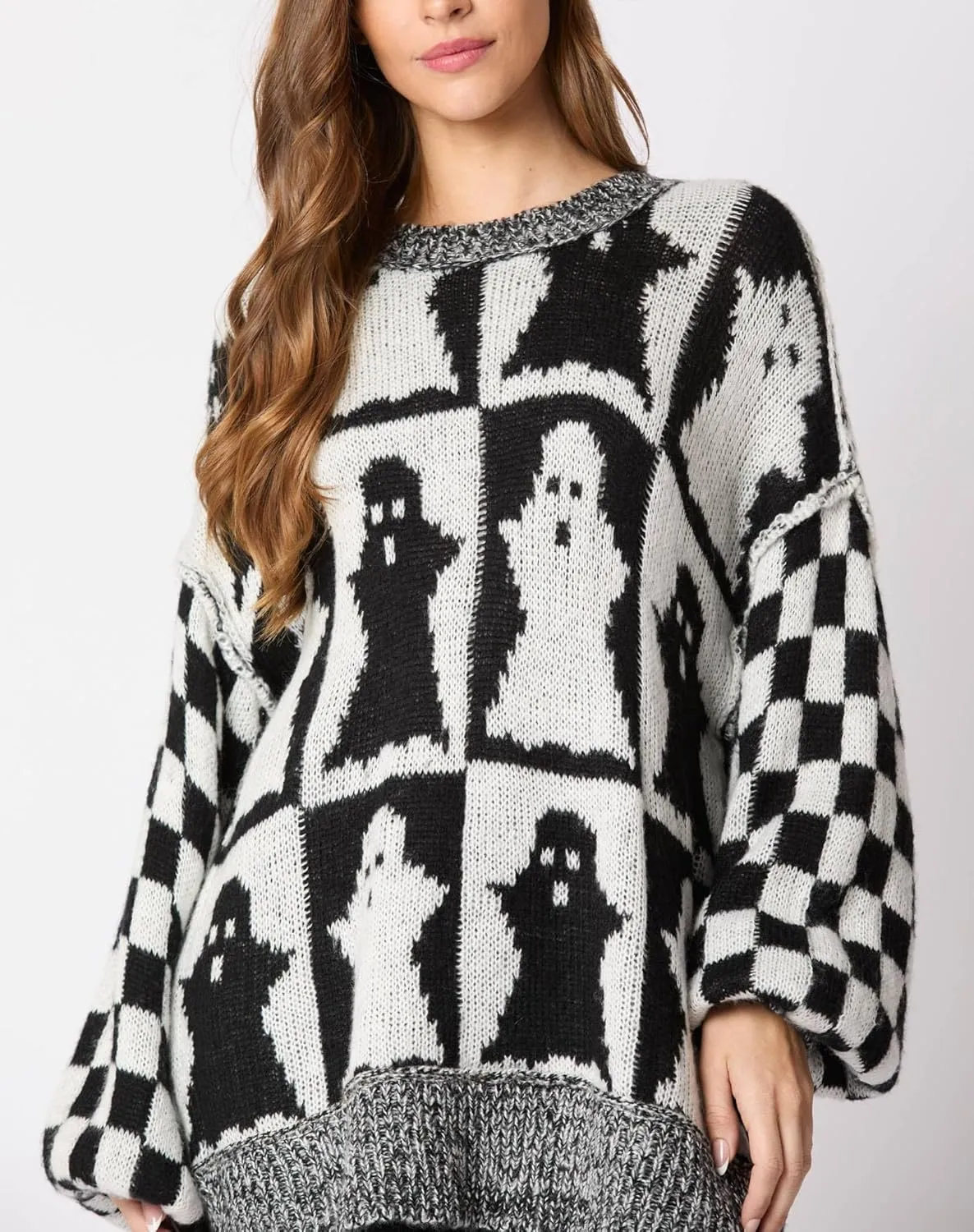 Women Checkered Holiday Oversized Sweater Cute Plaid Print Crewneck Sweatshirt Y2k Knit Puff Sleeve Chunky Jumpers