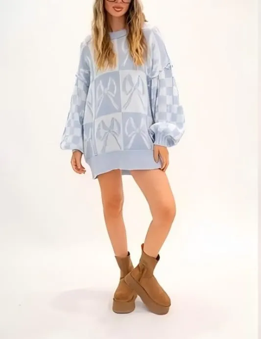 Women Checkered Holiday Oversized Sweater Cute Plaid Print Crewneck Sweatshirt Y2k Knit Puff Sleeve Chunky Jumpers