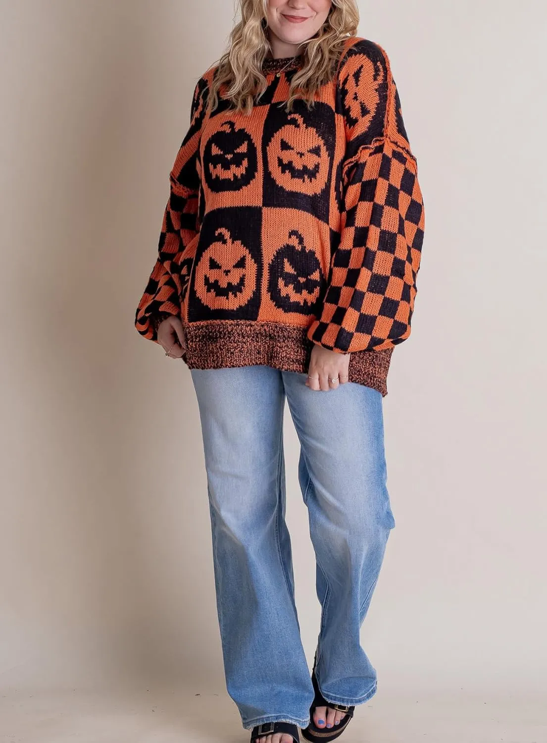 Women Checkered Holiday Oversized Sweater Cute Plaid Print Crewneck Sweatshirt Y2k Knit Puff Sleeve Chunky Jumpers