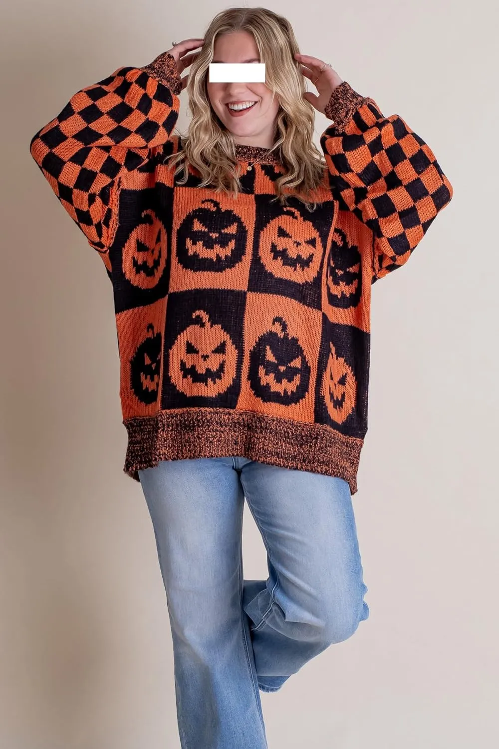 Women Checkered Holiday Oversized Sweater Cute Plaid Print Crewneck Sweatshirt Y2k Knit Puff Sleeve Chunky Jumpers