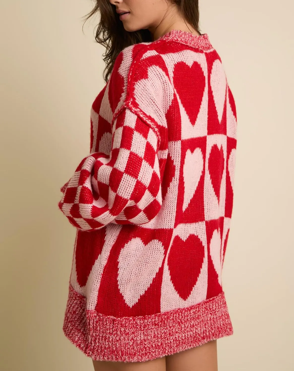 Women Checkered Holiday Oversized Sweater Cute Plaid Print Crewneck Sweatshirt Y2k Knit Puff Sleeve Chunky Jumpers