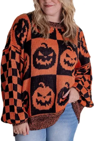 Women Checkered Holiday Oversized Sweater Cute Plaid Print Crewneck Sweatshirt Y2k Knit Puff Sleeve Chunky Jumpers