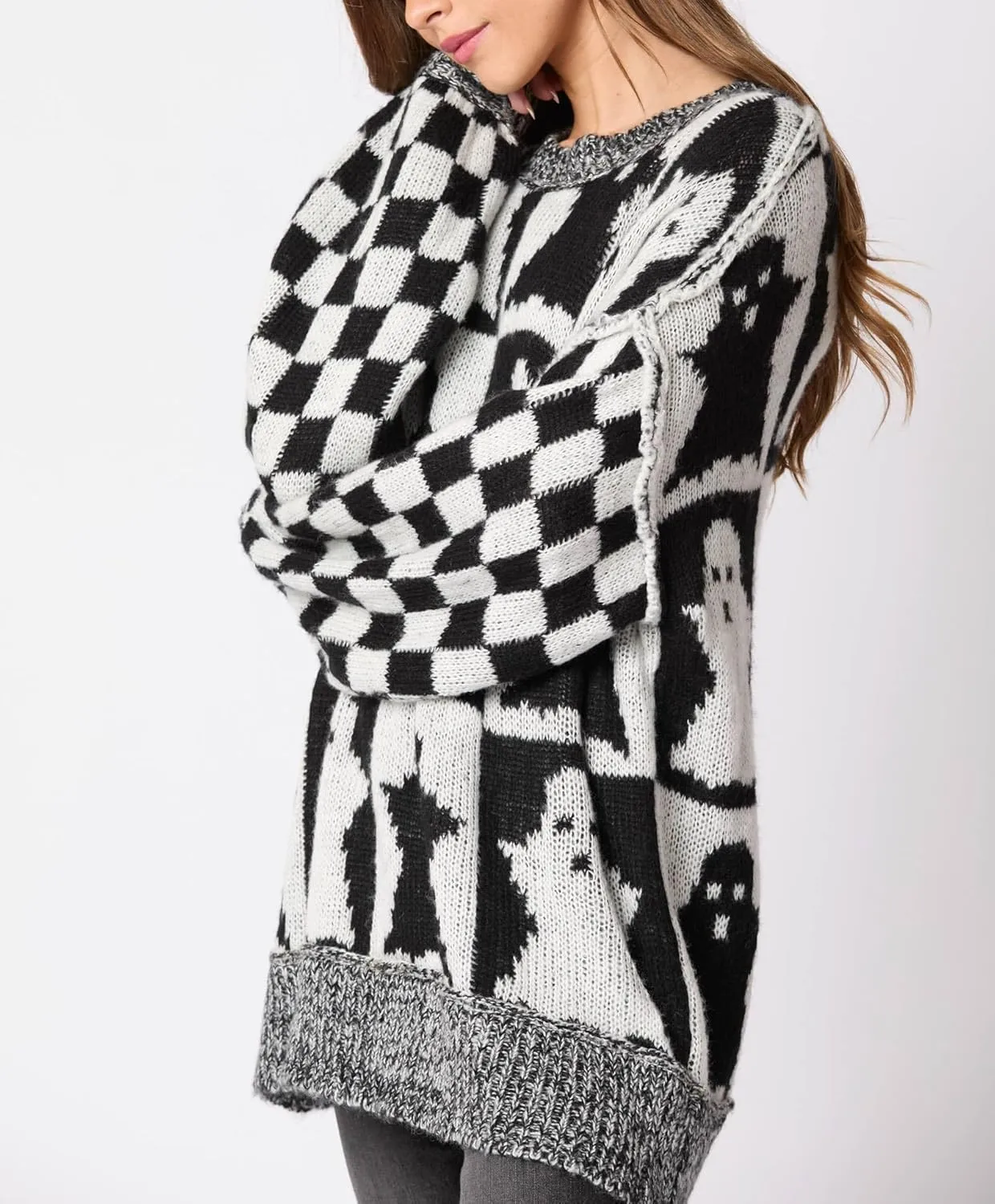 Women Checkered Holiday Oversized Sweater Cute Plaid Print Crewneck Sweatshirt Y2k Knit Puff Sleeve Chunky Jumpers