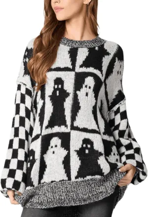Women Checkered Holiday Oversized Sweater Cute Plaid Print Crewneck Sweatshirt Y2k Knit Puff Sleeve Chunky Jumpers