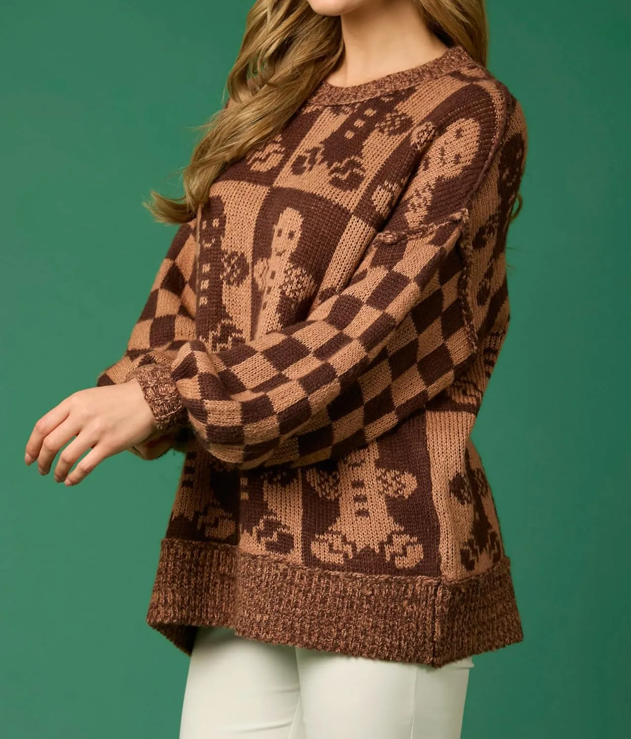 Women Checkered Holiday Oversized Sweater Cute Plaid Print Crewneck Sweatshirt Y2k Knit Puff Sleeve Chunky Jumpers