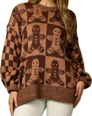 Women Checkered Holiday Oversized Sweater Cute Plaid Print Crewneck Sweatshirt Y2k Knit Puff Sleeve Chunky Jumpers