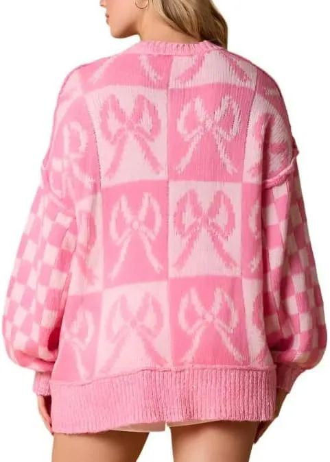Women Checkered Holiday Oversized Sweater Cute Plaid Print Crewneck Sweatshirt Y2k Knit Puff Sleeve Chunky Jumpers