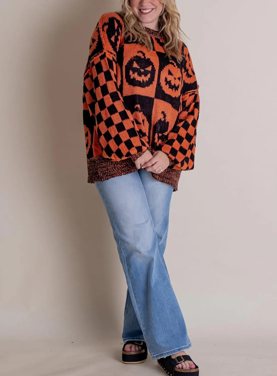 Women Checkered Holiday Oversized Sweater Cute Plaid Print Crewneck Sweatshirt Y2k Knit Puff Sleeve Chunky Jumpers